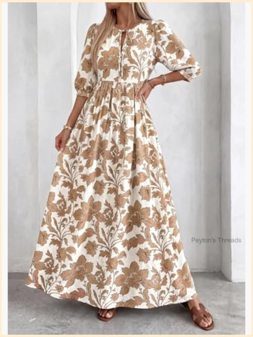 Boho Floral 3/4 Sleeve Flowy Maxi Dress with Pockets - Picture 3 of 7
